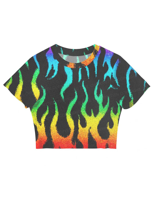 mesh regenboog vlammen crop top