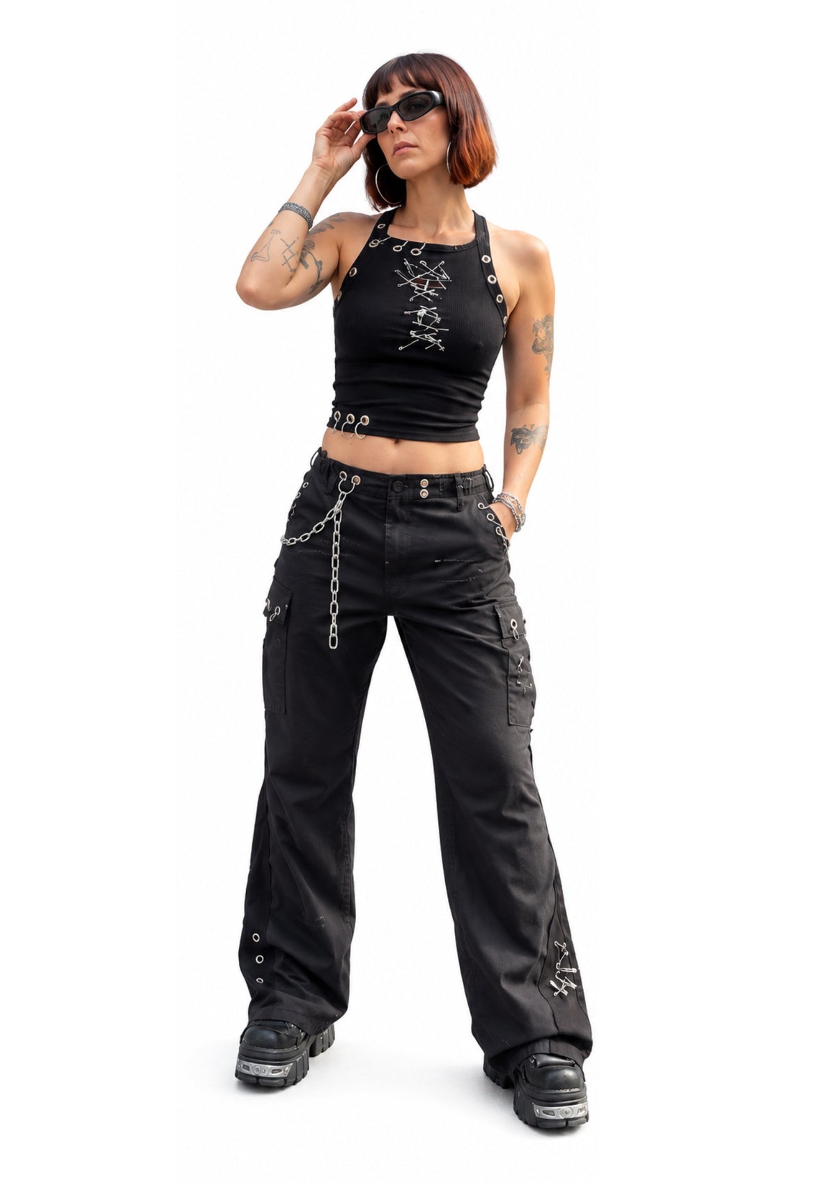 zwarte upcycled punk cargo pants