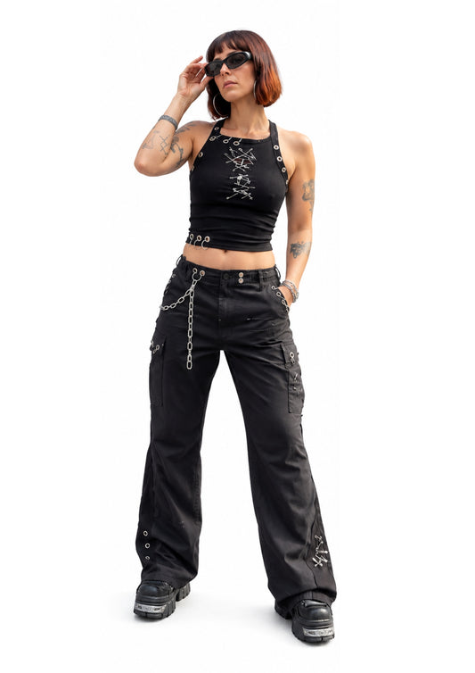 zwarte upcycled punk cargo pants