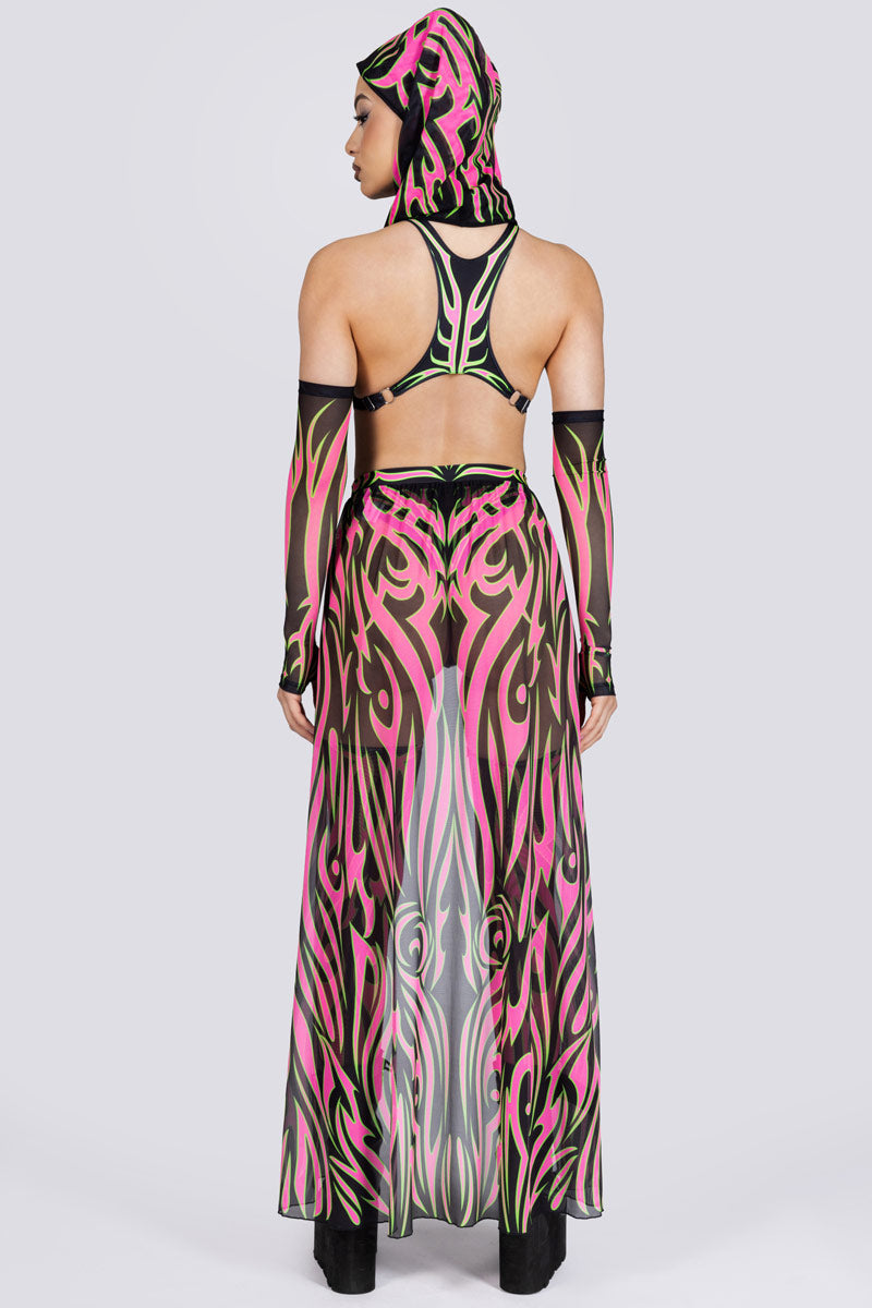 groen en roze tribal sheer maxi rok