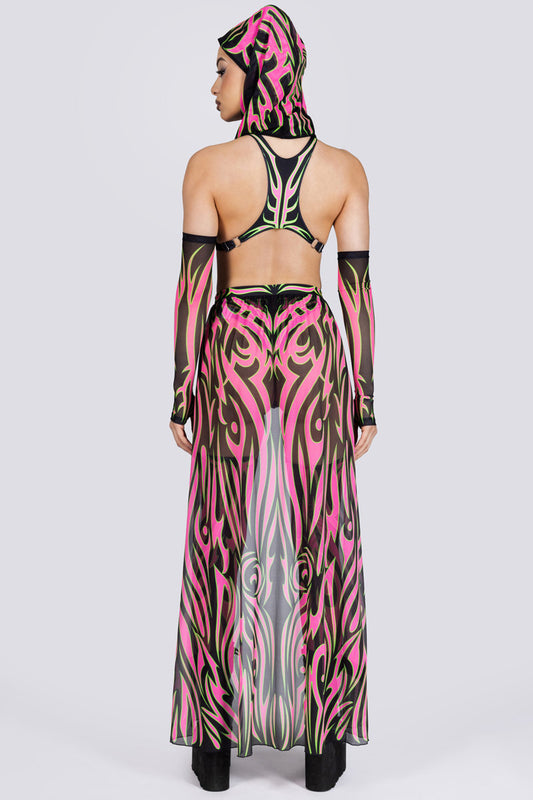 groen en roze tribal sheer maxi rok