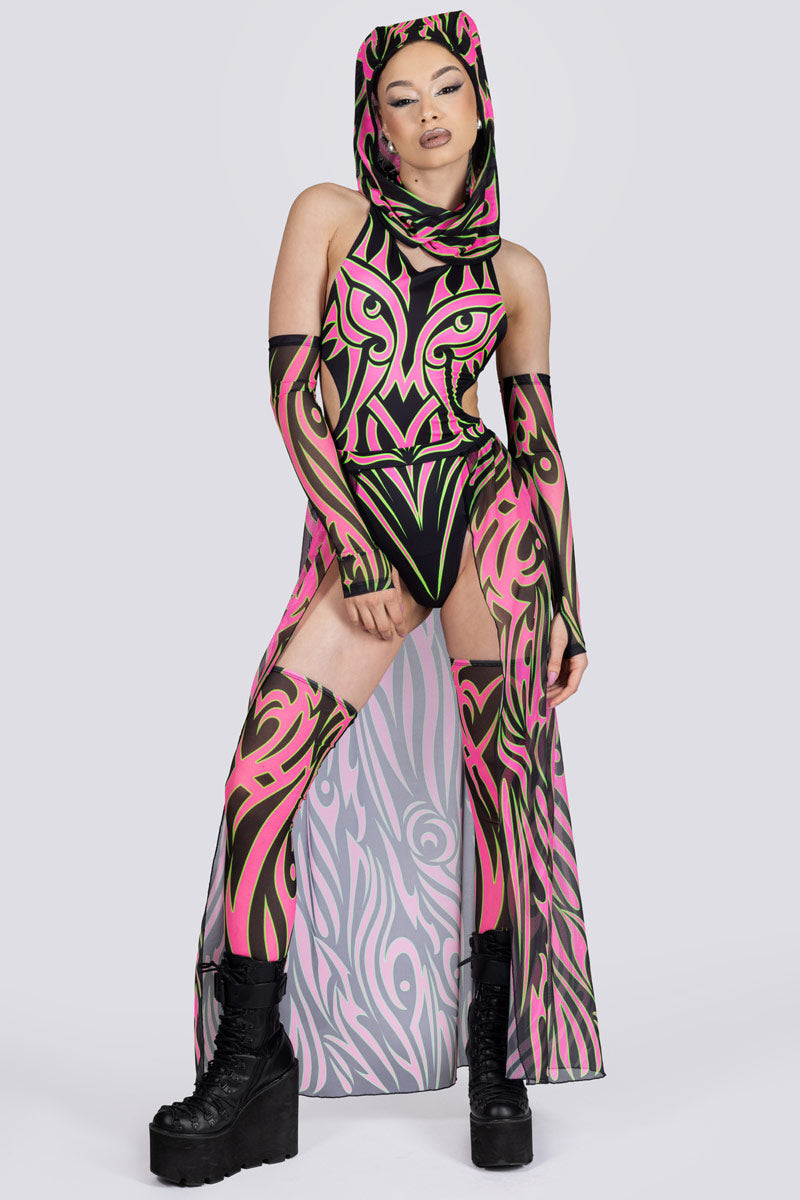 groen en roze tribal sheer maxi rok