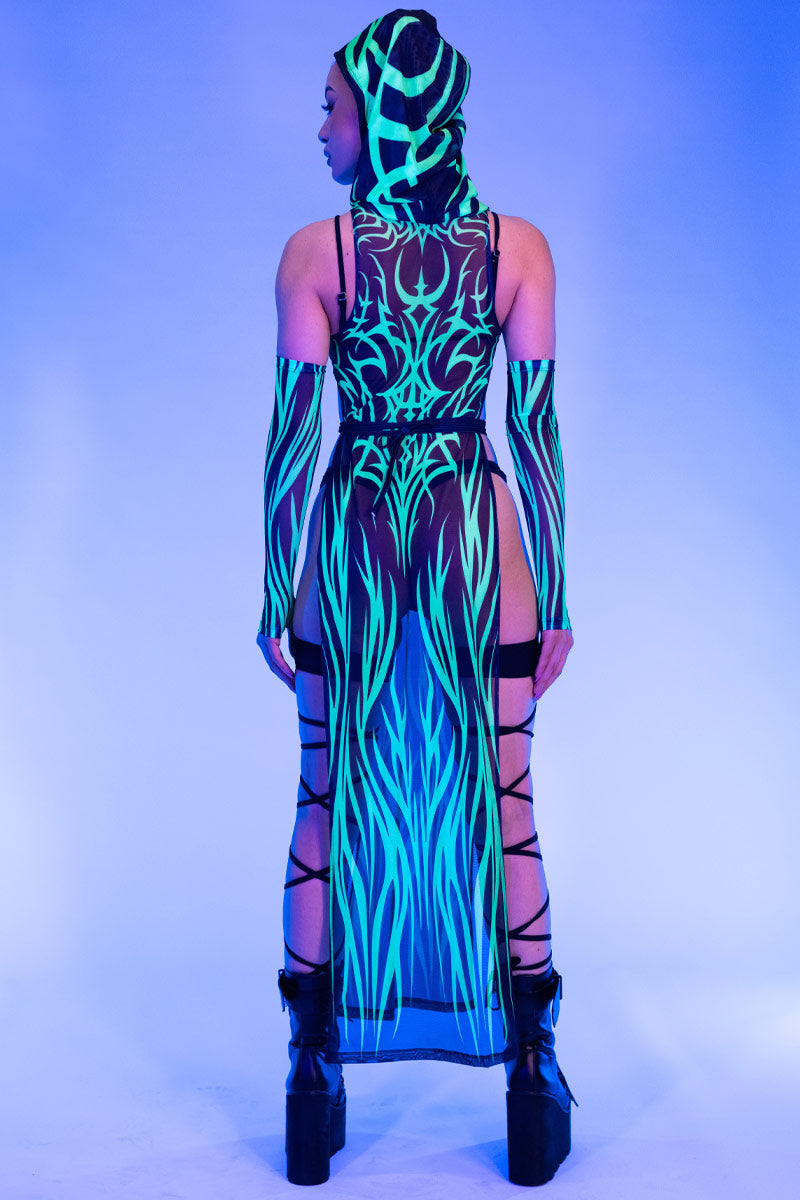 groene mesh tribal jurk met hoge split