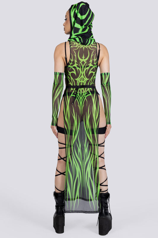 groene mesh tribal jurk met hoge split