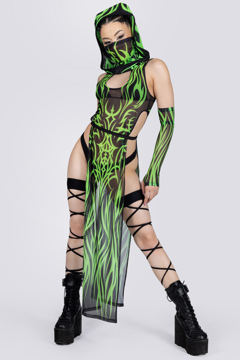 groene mesh tribal jurk met hoge split