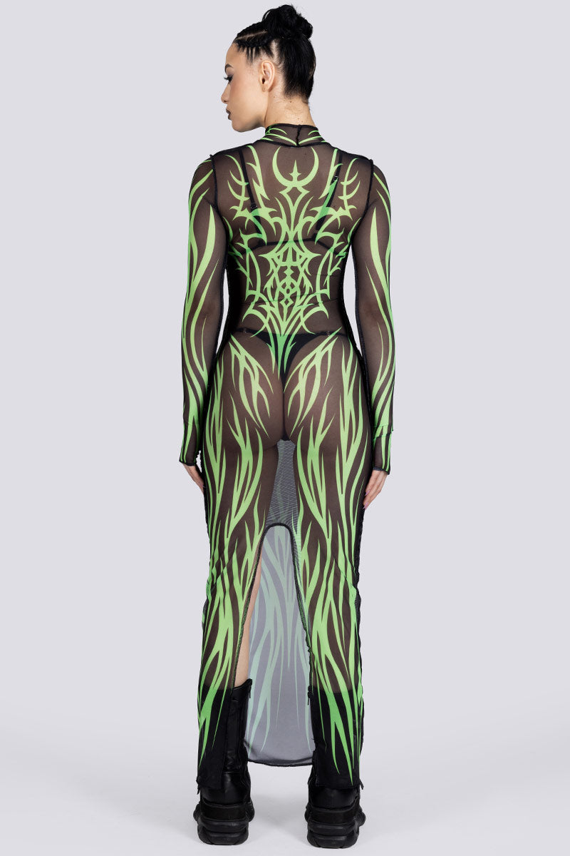 groene mesh tribal jurk met lange mouwen