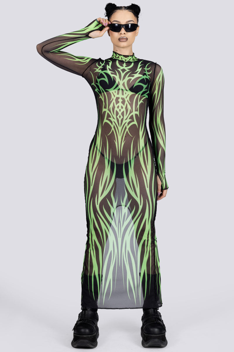 groene mesh tribal jurk met lange mouwen