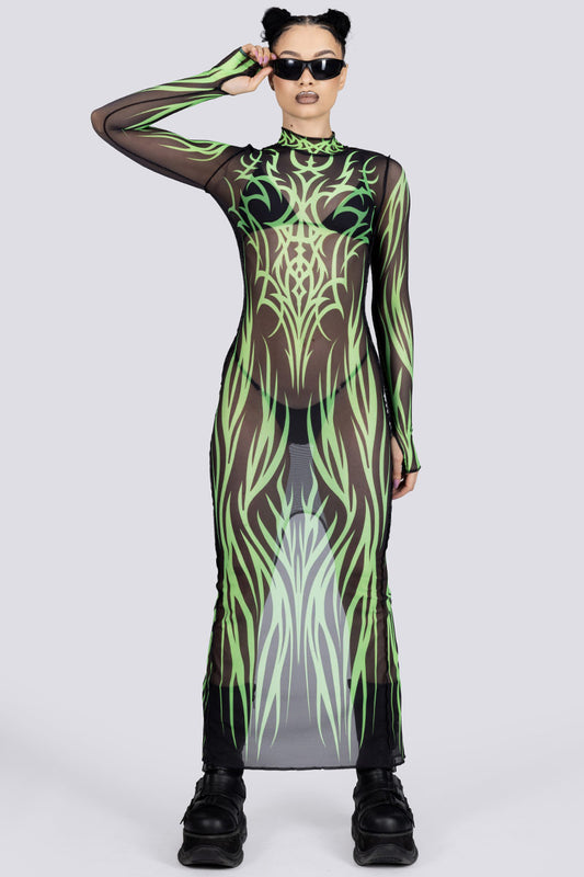 groene mesh tribal jurk met lange mouwen