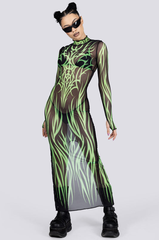 groene mesh tribal jurk met lange mouwen
